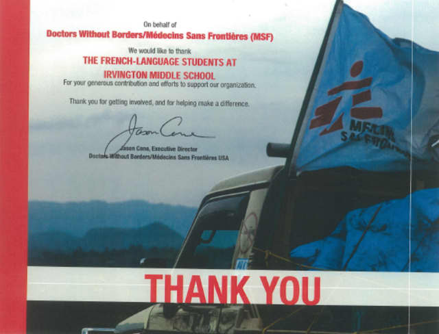 French students and staff at Irvington Middle School recently received a thank you letter from Doctors Without Borders for donating money to the organization.