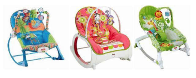 Fisher-Price Infant-to-Toddler Rocker (left and center,) Fisher-Price Newborn-to-Toddler Rocker (right)
