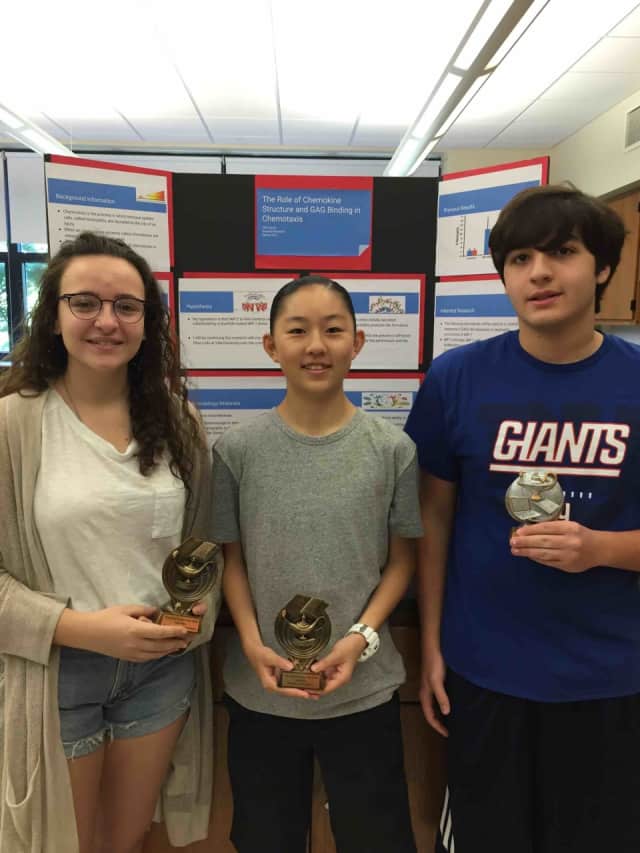 (from left) Irvington High School students Nicole Chase, Claire Song and William Pascal presented their research projects at the 2016 Westlake Science Fair on June 4 and took home top prizes.