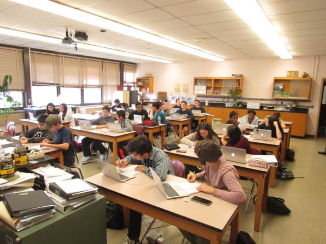 Students work on their laptops during a "virtual day" at Northern Valley Regional High School Demarest.