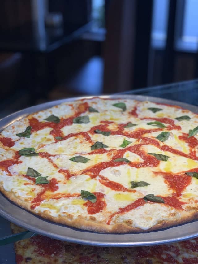 Margarita Pizza (a light and airy old fashioned pizza with fresh mozzarella and San Mariano tomato sauce) from Uncle Louie’s Pizza, located at 754 Franklin Ave., in Franklin Lakes