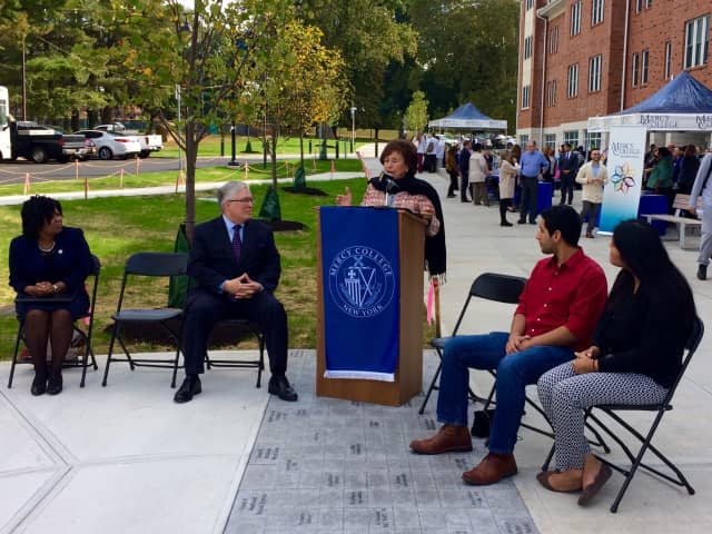 From left, Westchester Community College Interim Provost & VP for Academic Affairs Peggy Bradford, Mercy College President Tim Hall and U.S. Rep. Nita Lowey with Mercy College seniors Christian Castillo and Maria Mendoza.