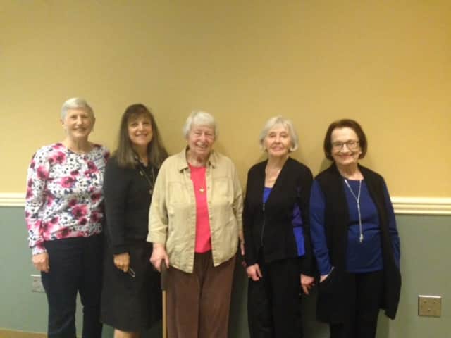 Ellie Lubin (center), Honorary President of NCJW, celebrates receiving the Dr. Celia Weisman Memorial Award from the Human Services Advisory Council with fellow NCJW members (L-R) Ann Levenstein, Nancy Ferer, Marcia Levy and Bea Podorefsky.