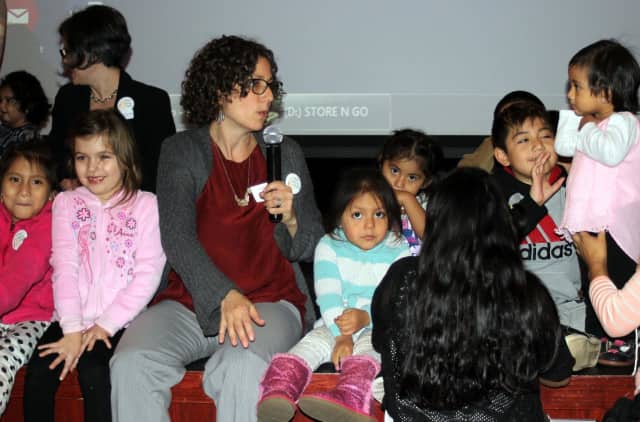 Supervisor Dana Levenberg speaks to kids at an Ossining Basics event.
