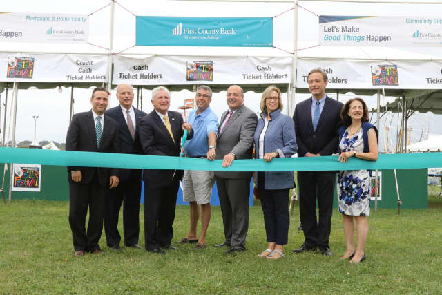 State Sen. Bob Duff, First County Bank CEO Rey Giallongo, Mayor Harry Rilling, Norwalk Seaport Assoc. President and Oyster Festival Chair Mike Reilly, First County Bank President Bob Granata, and State Reps. Terrie Wood, Fred Wilms and Gail Lavielle