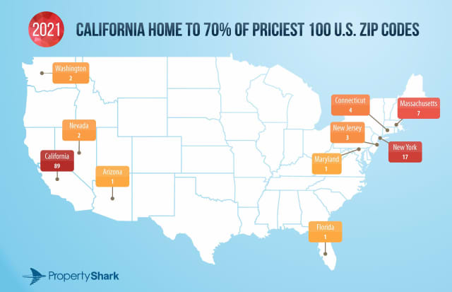 PropertyShark released its 2021 list of the most expensive zip codes in the US.