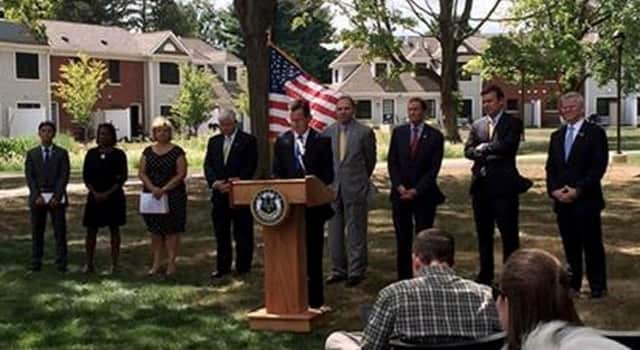 Gov. Dannel Malloy, with other state leaders, speaks about the state's efforts to combat homelessness among veterans. 