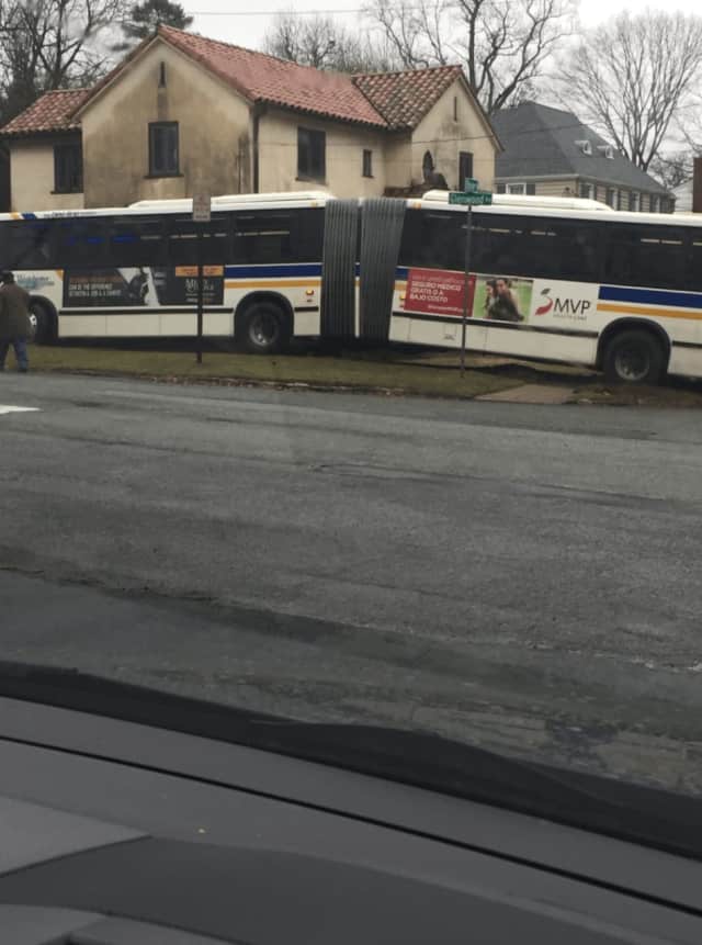 A Bee-Line bus wound up parked on a New Rochelle lawn Tuesday afternoon.