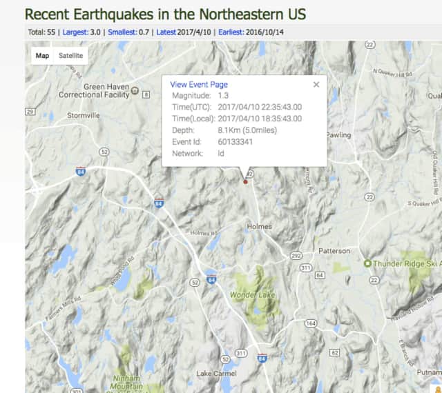 A look at where the minor earthquake with a magnitude of 1.3 occurred Monday evening in Dutchess.