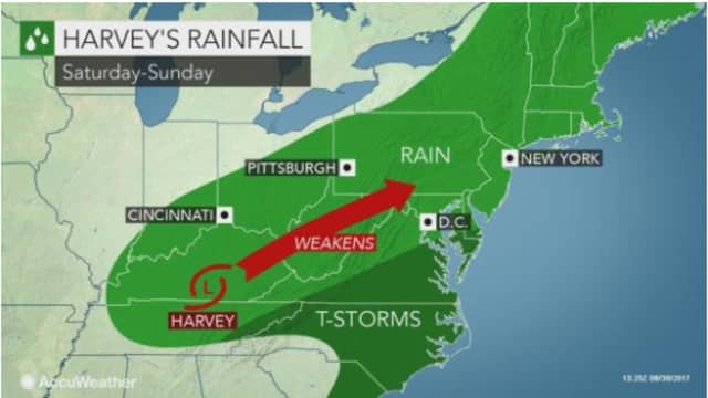The Hudson Valley will see rainfall from Hurricane turned Tropical Storm Harvey on Saturday and Sunday, according to AccuWeather.com.
