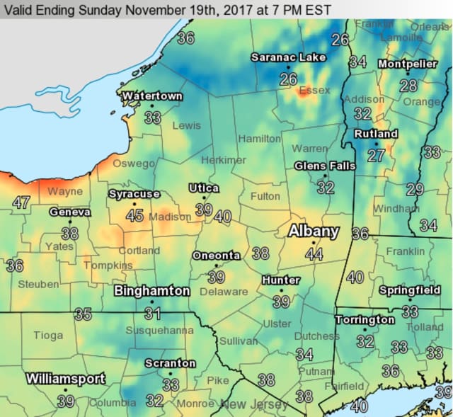 A look at projected maximum wind gusts expected through early Sunday evening.