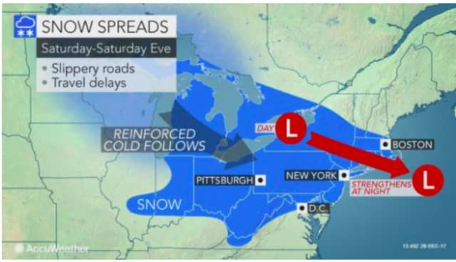 Snow is expected to arrive early Saturday afternoon, resulting in slippery roads.