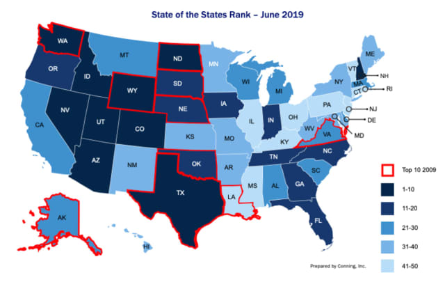 The darkest states, including Connecticut, got the worst credit quality rating in June by Conning investment manager of Hartford. Lighter-colored states ranked near the top. (States that are circled in blue ranked near the top in 2009.)