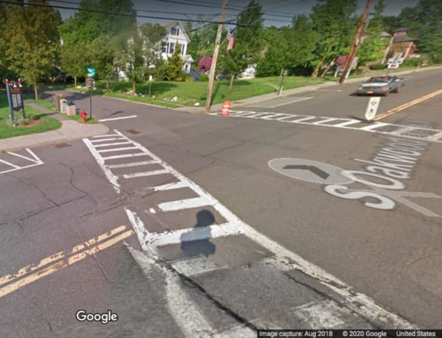 The crosswalk at the intersection of Main Street and South Oakwood in New Paltz.