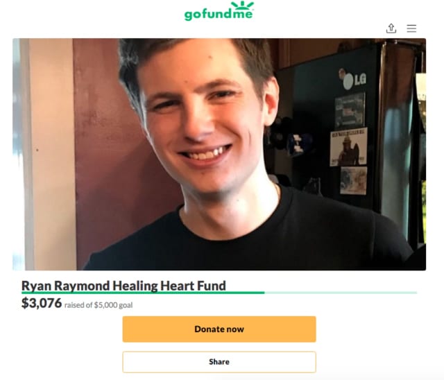 More than $3,000 had been raised on a GoFundMe for Ryan Raymond, who is recovering in isolation after open-heart surgery.