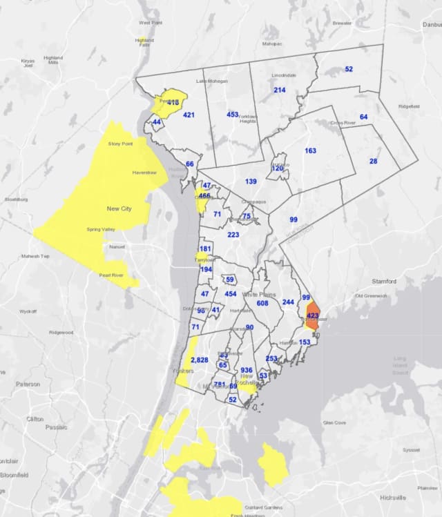 The Westchester COVID-19 map on Wednesday, Jan. 20.