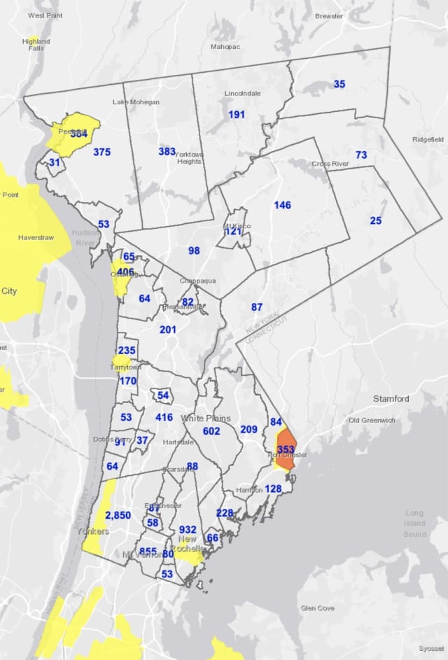 The Westchester COVID-19 map on Tuesday, Jan. 26.