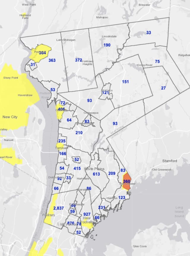 The latest Westchester County's Department of Health's COVID-19 map on Wednesday, Jan. 27 - the yellow and orange hotspot zones have since been rescinded by the state.