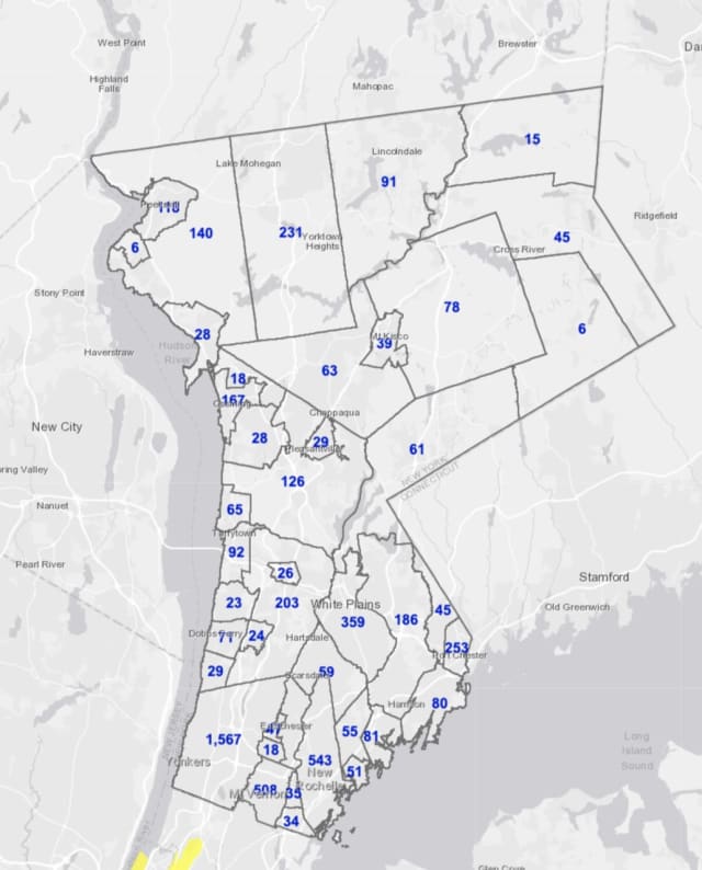 The Westchester COVID-19 map on Monday, March 1.