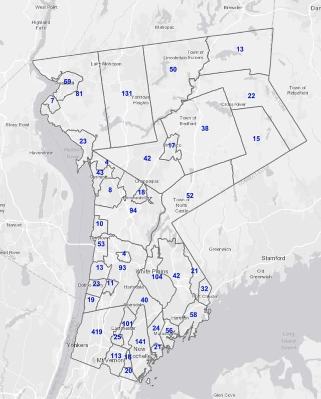 The Westchester County COVID-19 map on Monday, Nov. 29.