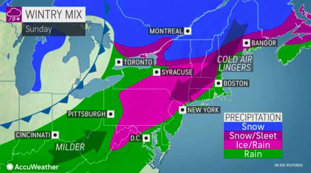 Ice and rain are expected across most of Pennsylvania, along with North Jersey and northern Maryland Sunday.