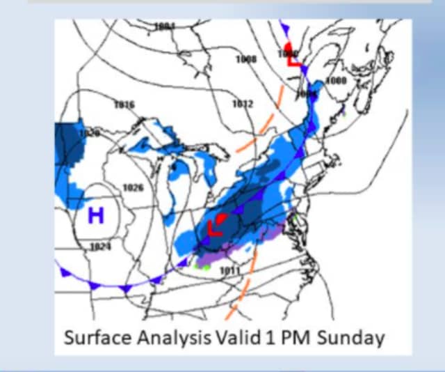 The areas in light blue and blue have the best chance of seeing accumulating snowfall on Sunday, Jan. 23.