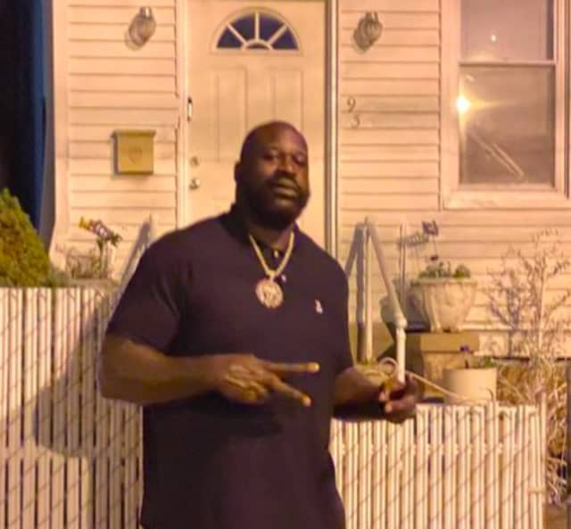Shaq outside of his former home on Oak Street in Jersey City.