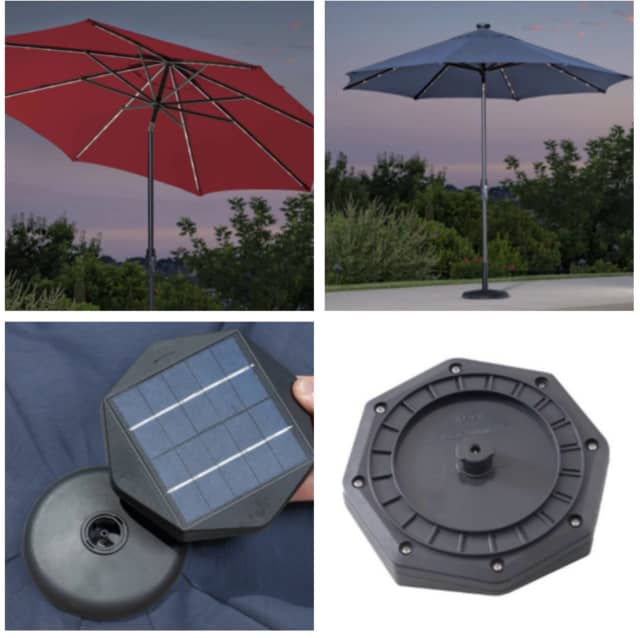Clockwise from top left: recalled 10-foot Solar LED Market Umbrella; recalled 10-foot Solar LED Market Umbrella; The solar panel puck located at the top of the umbrella; The back cover of the solar panel puck.