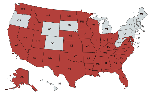 The map shows all the states and territories (in red) that are on Connecticut's COVID-19 Travel Advisory. Not pictured here is Puerto Rico, which was added to the advisory on July 28.