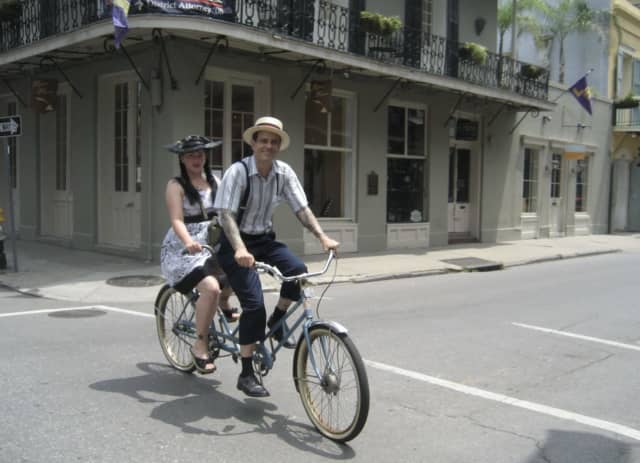 Couple on a tandem bicycle