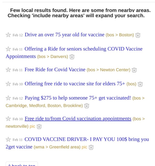 Craigslist ads from Feb. 12 seeking seniors to give rides to get vaccinated. The driver could then get the vaccine ahead of schedule through Massachusetts companion clause.