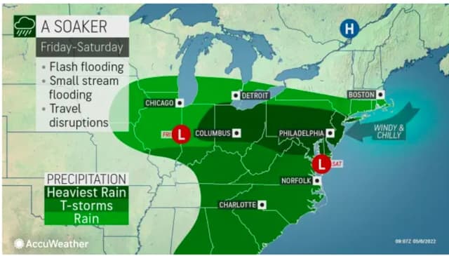 A look at areas where the will be rain (green) and heavy rains and thunderstorms (dark green) on Friday, May 6 and Saturday, May 7.