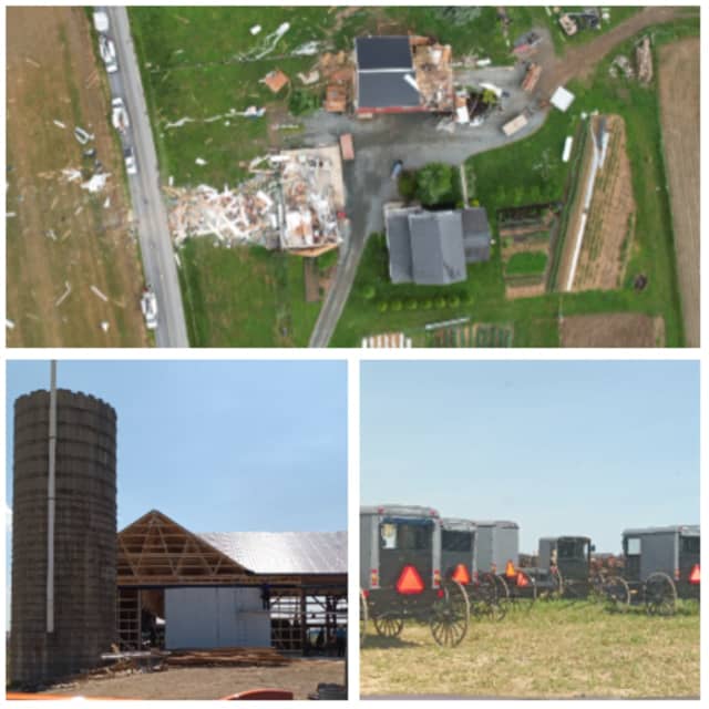 Before and after photos of an Amish farm destroyed by a tornado and being rebuilt by the Amish community in Pennsylvania.