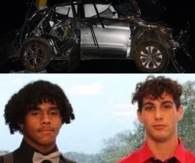 Tyreese 'Ty' Smith (left) and Tyler Zook (right) and the car being lifted from the crash scene (above).