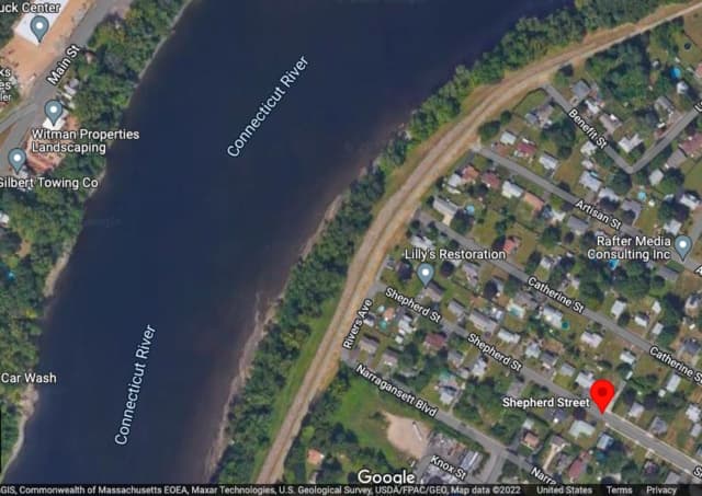 The area of the Connecticut River in Chicopee, near Catherine Street and Sheppard Street, where the search is being conducted.