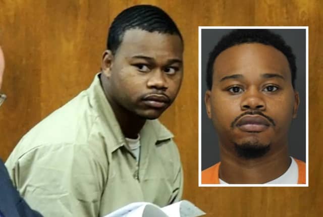 Hakeem Chance in court in 2014 and in current mugshot (inset).
