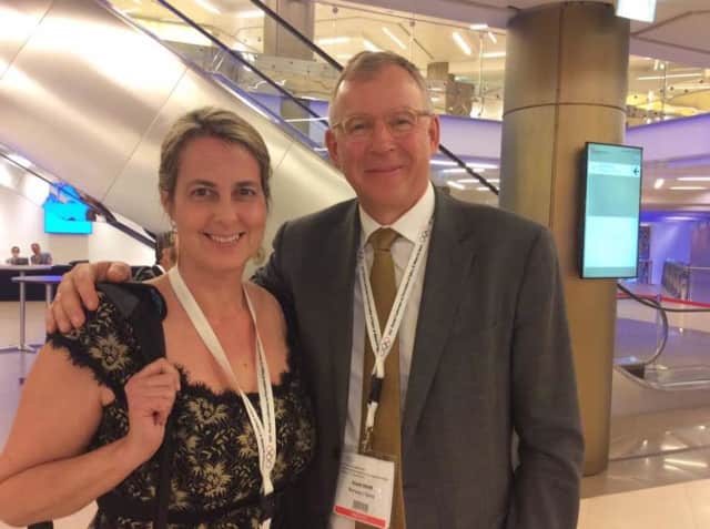 Katherine Snedaker, left, meets Dr. Ronald Bahr, Chair of the Scientific Committee of the IOC World Conference on the Prevention of Illness and Injury in Sport at the International Olympic Committee World Conference in Monaco.