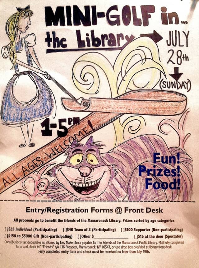 This flyer advertises the Friends of Mamaroneck Public Library's mini-golf and food tasting fundraiser, which will be at the library on July 28 at 1 p.m.