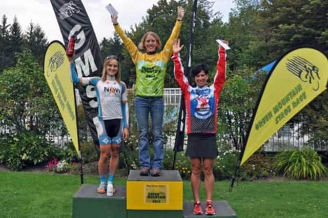 Wilton's Amy Bevilacqua, center, stands atop the podium after winning the Green Mountain Stage Race Sunday in Vermont.