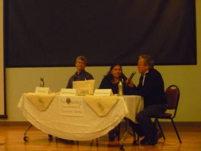 Paul Gallay, Catherine Borgia and Jon Bowermaster participate in a discussion of Bowermaster's film "Dear Governor Cuomo" about fracking