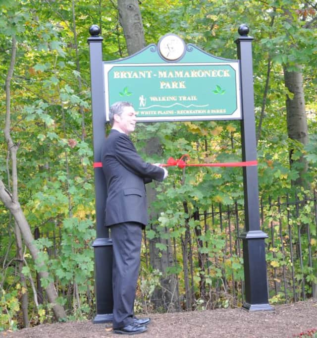 White Plains Mayor Tom Roach attended a ribbon cutting ceremony to open the Bryant-Mamaroneck Park Walking trail on Sunday, Oct. 19.