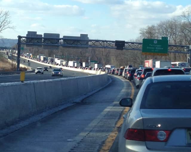 Traffic delays on the northbound New York State Thruway following a car fire on the span leading to the Rockland-bound Tappan Zee Bridge early Monday afternoon.