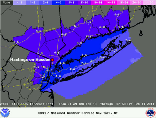 Expected snow falls accumulations in Westchester for Thursday into Friday.