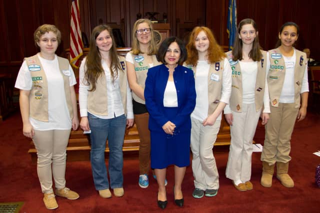 Senator Toni Boucher (Wilton) and Girl Scouts from Ridgefield in the Senate Chamber celebrating Girl Scout day at the Capitol in Hartford.