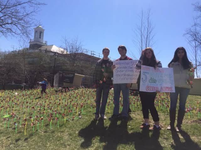 New Canaan High School students placed more than 1,800 pinwheels on the lawn of Vine Cottage to raise awareness of child abuse and neglect. 