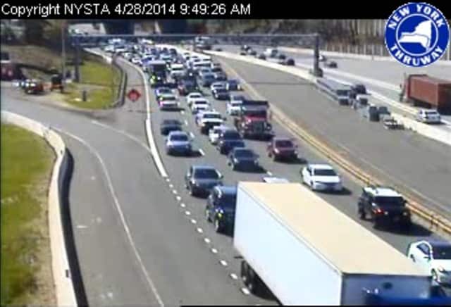 Heavy delays on the New York State Thruway leading to the Tappan Zee Bridge span at 9:49 a.m. Monday.