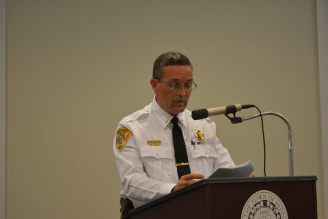 Bedford Police Lt. Jeffrey Dickan speaks at the Town Board's Sept. 29 meeting regarding the proposed Katonah group home.