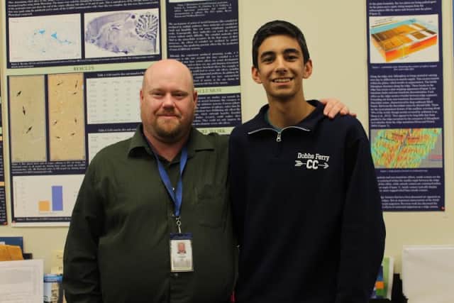 From left: Dobbs Ferry Science Research teacher Tom Callahan and Yiorgos Argyros, a semifinalist in the 2014 Siemens Competition. 