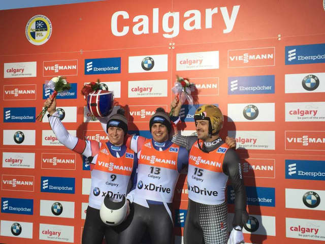 Tucker West celebrates his second place finish last weekend in Calgary in a World Cup luge event. 