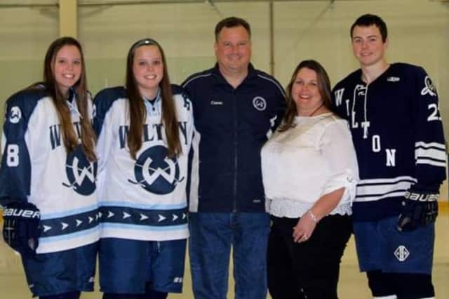 The Craven family of Wilton (left to right) Amanda, Elizabeth, Eric, Claire, and David, has organized two hockey games against Ridgefield to raise money for ALS. Eric was diagnosed with ALS in 2013.